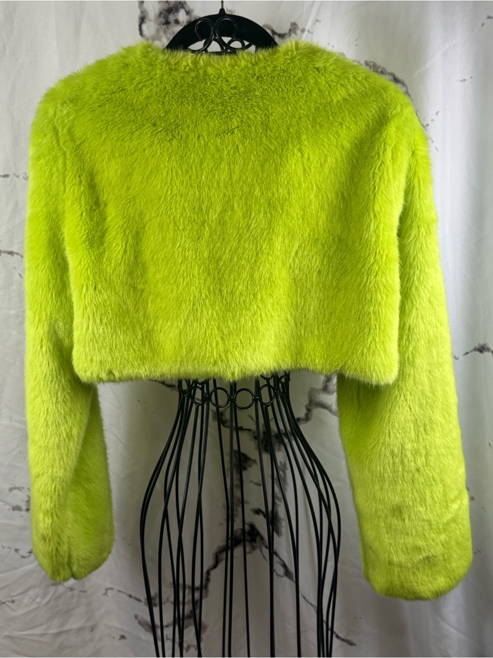 ASOS Faux Fur Cropped Jacket Neon Lime Hook & Eye Front Closure Collarless - Picture 5 of 10